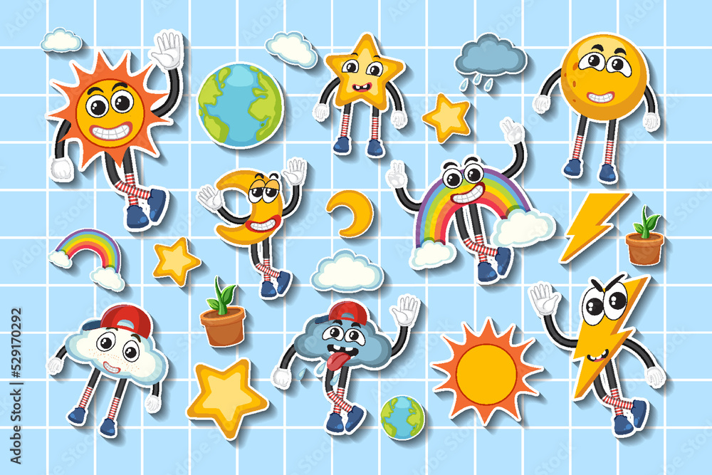 Obraz premium Set of weather sticker cartoon character on grid background
