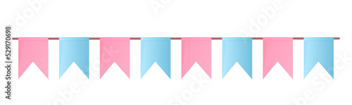 Сolorful flags on rope. Decorative flags. Bunting for party, birthday, carnival and event. Bright banners and flags of decoration. Hanging string, triangles, garland for fun. photo