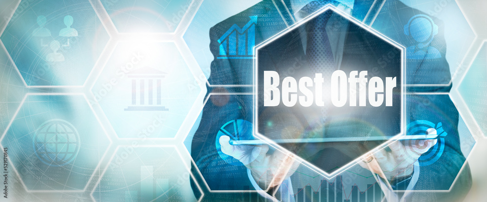 Fototapeta premium A Best Offer business word concept on a futuristic blue display.