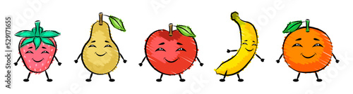Funny smiling fruits set. Fruit doodles isolated vector. Strawberry, pear, apple, banana and orange. For internet, printing, product design, logo. Line, contour. Vector hand-drawn flat illustration.