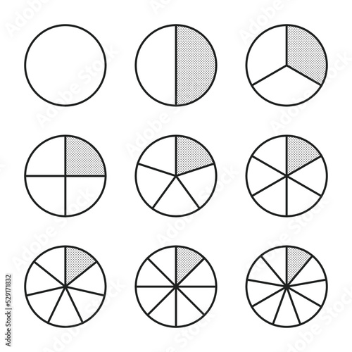 Fractional circle line chart icon. Ratio and some linear vector icons. The round shape of a pie or pizza is cut in evenly spaced dotted slices. Linear illustration of a simple business chart.