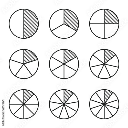 Fractional circle line chart icon. Ratio and some linear vector icons. The round shape of a pie or pizza is cut in slices of the same shading line. Linear illustration of a simple business chart.