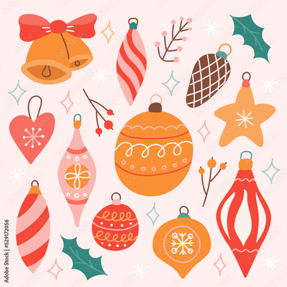 Fototapeta premium Set of Christmas tree toys, vector illustration in flat style, decor for postcards, posters