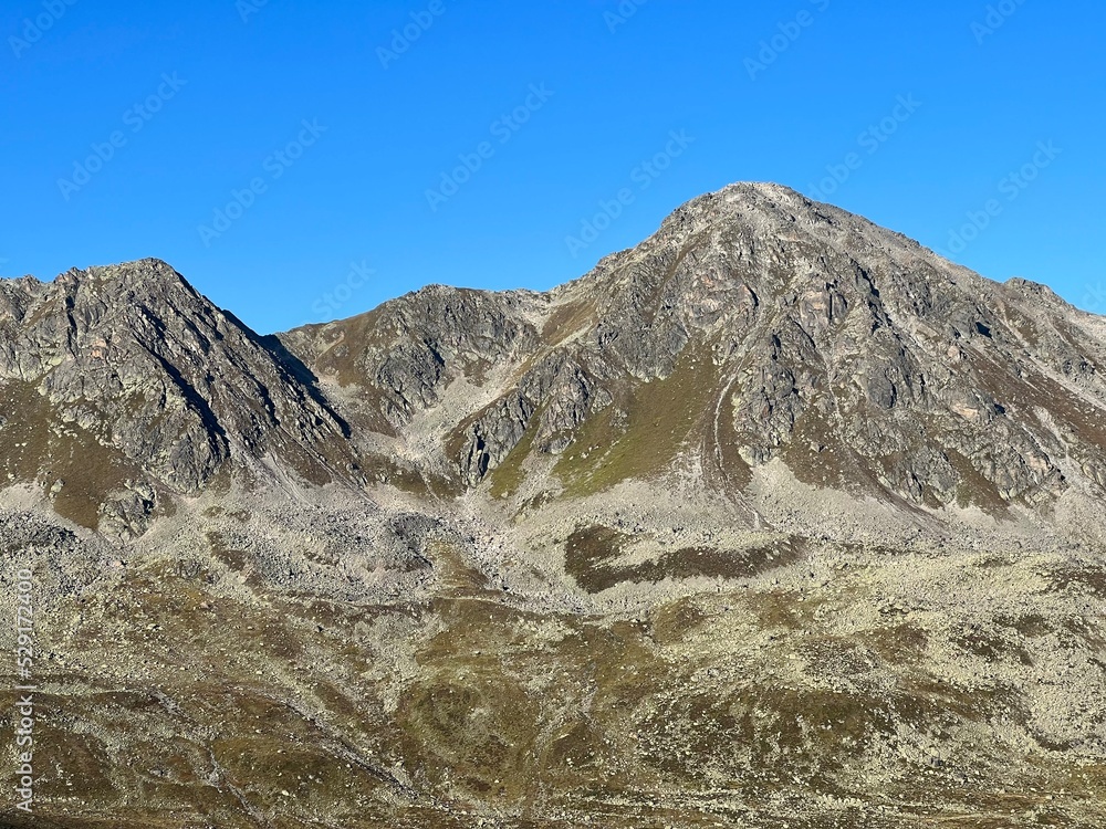 Rocky alpine peak Sentisch Horn (2826 m) of the Albula Alps mountain range in the Swiss Alps massif, Davos - Canton of Grisons, Switzerland (Kanton Graubünden, Schweiz)