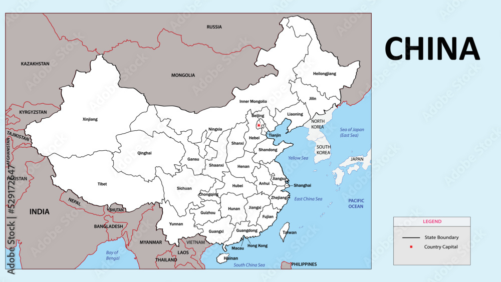 China Map. State and province map of China. Administrative map of China with district and capital in white color.