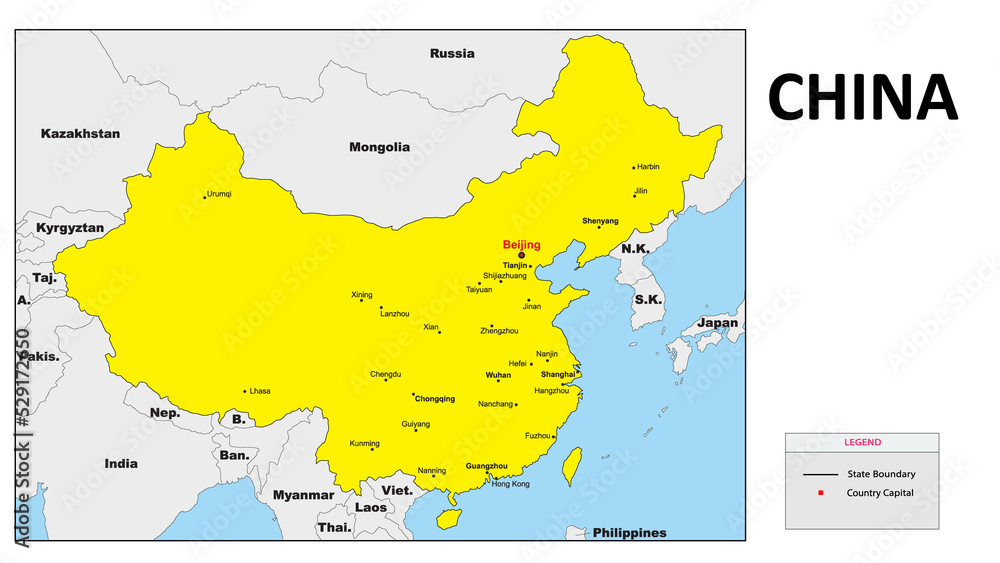 China Map. Major city map of China. Political map of China with country capital.