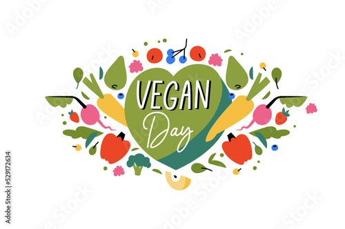 Vector illustration greeting card for world vegan day with different vegetables and fruits.