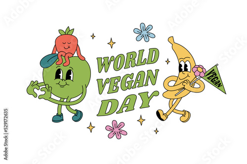 Vector illustration greeting card for world vegan day with fruits characters.