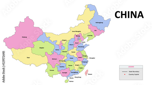 China Map. State and province map of China. Detailed colorful map of China.