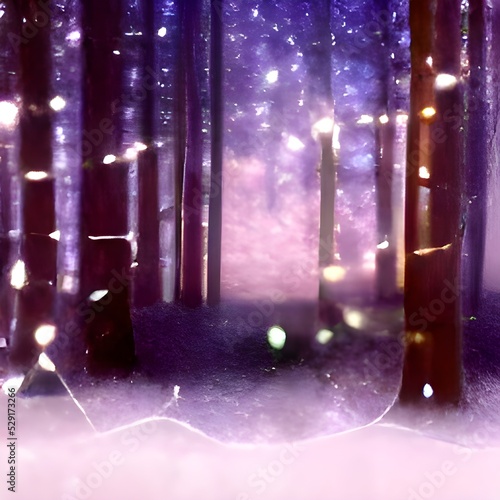 Magical forest with Christmas trees and glowing lights. illustration