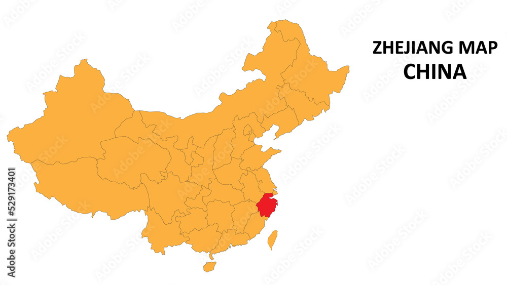 Zhejiang province map highlighted on China map with detailed state and region outline.