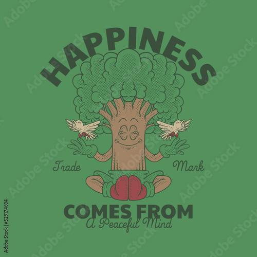 Cartoon emblem of meditating tree mascot with retro style