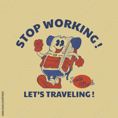 Cartoon emblem of happy walking backpack mascot with retro style