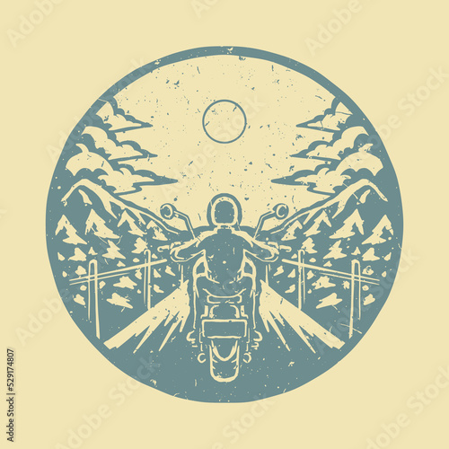 Distressed stamp illustration of biker riding face the sun
