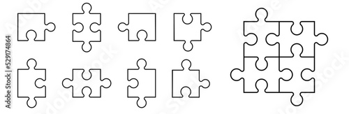 Simple pieces of puzzle. Vector outline icon of puzzle. White jigsaw image.
