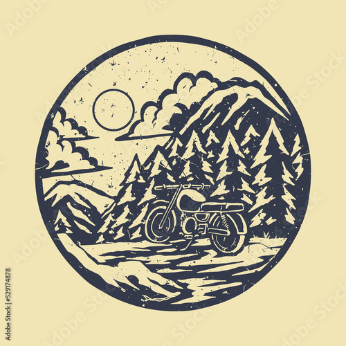 Distressed stamp illustration of motorcycle in the forest