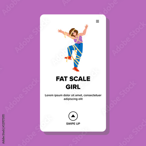 fat scale girl vector. woman diet, girl body, health lose fat scale girl web flat cartoon illustration