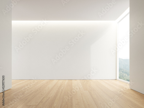 3d rendering of empty room with wooden floor and concrete wall.