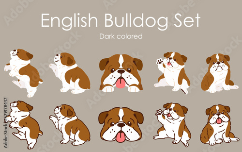 Simple and cute dark colored English Bulldog illustrations set
