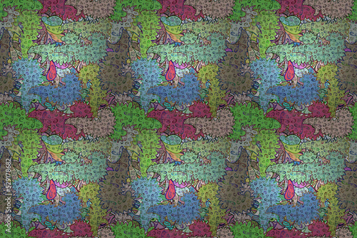 Seamless pattern with interesting doodles on colorfil background. Pano. Raster illustration.