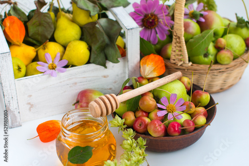 The harvest of apples in the basket. Flower honey  apple spas