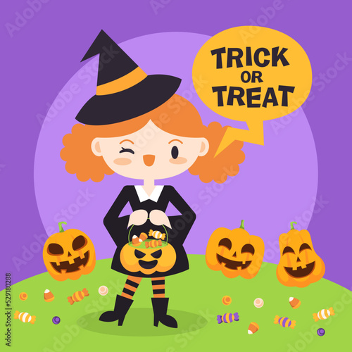 Cute halloween witch holding a bag of candy.