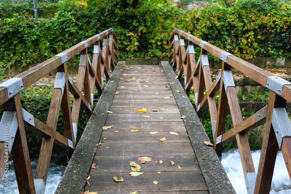 Small rustic bridge crossing the river and colorful autumn leaves. Beautiful autumnal landscape.