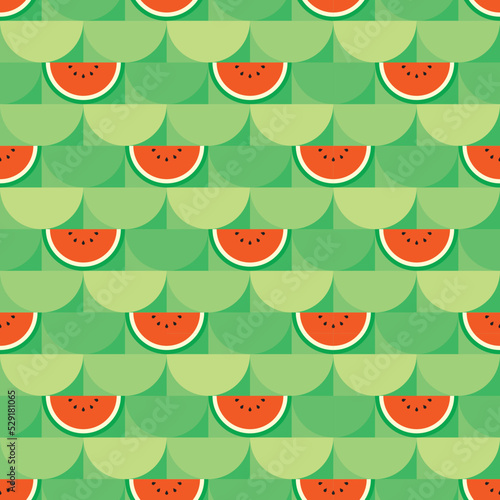 Red watermelon themed background. Geometric seamless semicircle fruit pattern motif. Simple flat vector illustration. Watermelon cut in half. For backdrops, covers, prints, fabrics, and wallpapers.