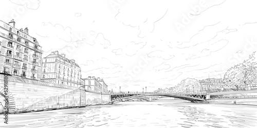 Paris city sketch. Bridge drawing. Seine river. France. Hand drawn vector illustration