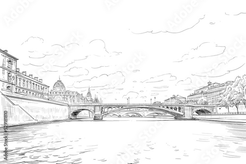 Paris city sketch. Bridge drawing. Seine river. France. Hand drawn vector illustration