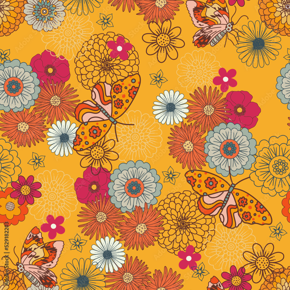 Retro Groovy Blooms and Butterly Vector Seamless Pattern Retro Groovy Blooms and Butterly Vector Seamless Pattern