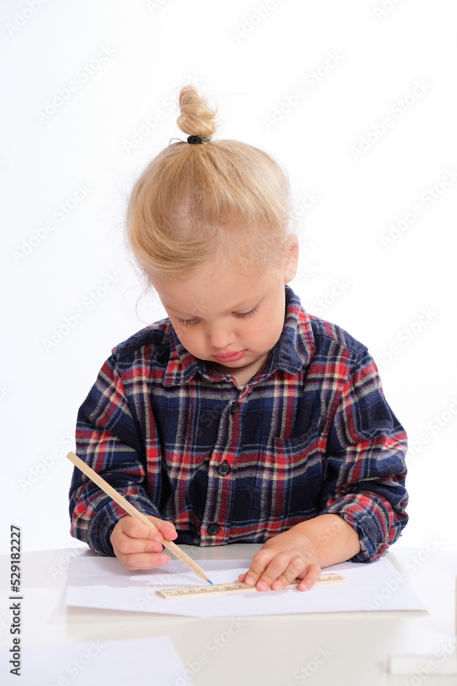 Cute little girl draws with pencils Cute little girl draws with pencils