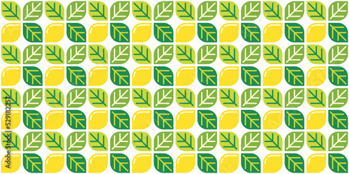 Yellow lemon themed background and leaves. Geometric seamless fruit pattern motif. Simple flat vector illustration. Lemonade, lime, citrus, and orange. For backdrops, covers, prints, and wallpapers.