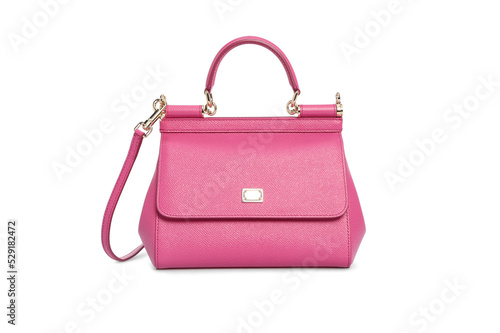 Women's Pink Leather Bag Handbag Isolated on White Background. Blank classic female Cross body bag, briefcase with metal chain strap. Mock up, template. Clipping path