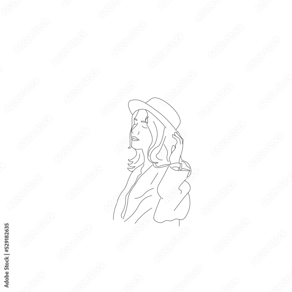 sketch of a girl, drawing of a girl in a shirt and hat with closed eyes and a hand on her hair