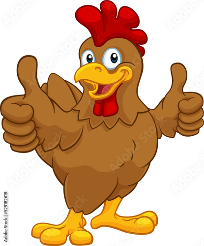 A chicken cartoon rooster cockerel character mascot giving a thumbs up.
