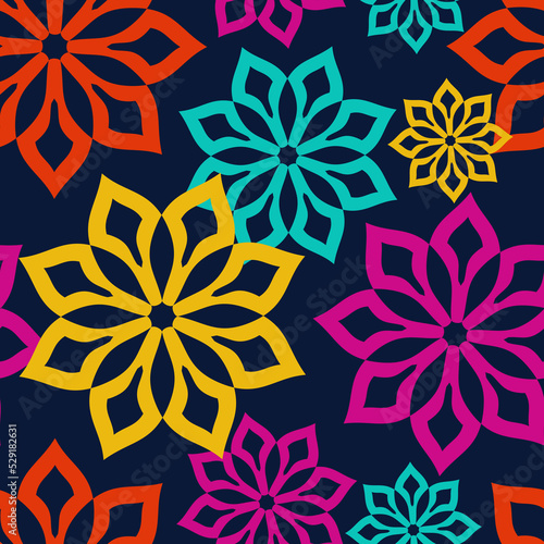 Vector. Perforated bright patterns Papel Picado pattern on a colored background. Hispanic Heritage Month. Polygonal seamless pattern for web banner, poster, cover, splash, social network.