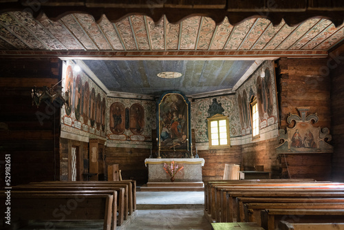 Interior of gothic wooden church of St. Elizabeth from Zabrez located in the open air museum representing village of Orava region, Zuberec, Slovakia