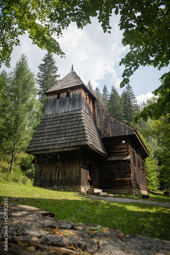 Gothic wooden church of St. Elizabeth from Zabrez located in the open air museum representing village of Orava region, Zuberec, Slovakia