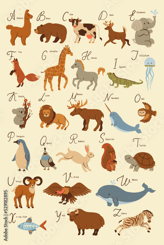 Children's alphabet poster with animals. Vector graphics.