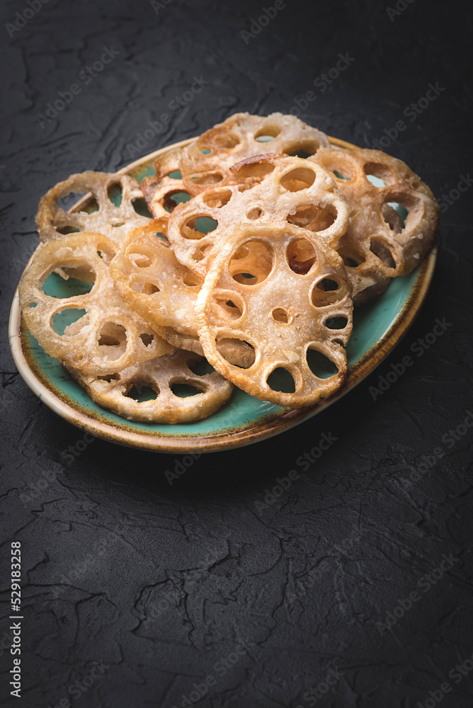 Crispy lotus root chips. Lotus root or Renkon or Rhizome stirfry. Fast