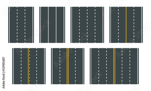 Vector illustration of white and yellow road markings isolated on white background. Set of seamless asphalt road types in top view. Collection of empty horizontal straight highways.