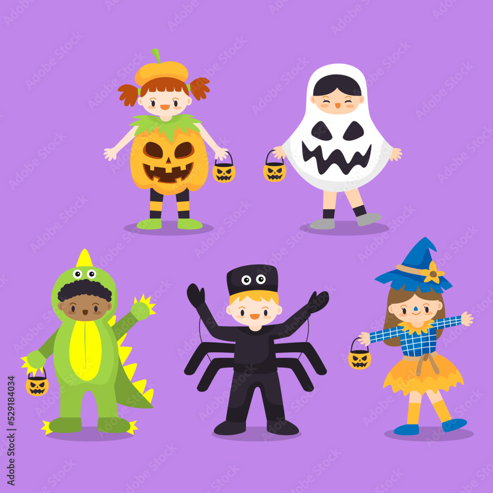 Hand drawn halloween costumes kid collection.