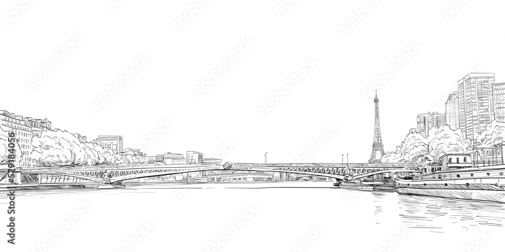 View of the bridge Le Pont de Bir-Hakeim and the Eiffel Tower. River Seine. Paris, France. Urban sketch. Hand drawn vector illustration View of the bridge Le Pont de Bir-Hakeim and the Eiffel Tower. River Seine. Paris, France. Urban sketch. Hand drawn vector illustration