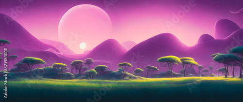 Artistic concept of painting a beautiful landscape of savannah in Africa, with meadows in the background. Tender and dreamy design, background illustration