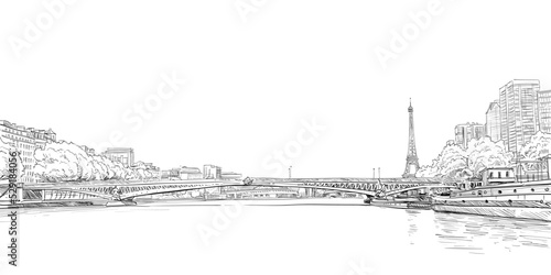 View of the bridge Le Pont de Bir-Hakeim and the Eiffel Tower. River Seine.  Paris  France. Urban sketch. Hand drawn vector illustration