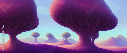 Artistic concept of painting a beautiful landscape of savannah in Africa, with meadows in the background. Tender and dreamy design, background illustration