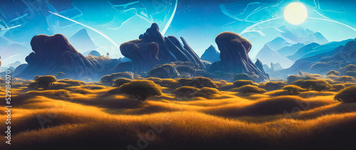 Artistic concept of painting a beautiful landscape of savannah in Africa, with meadows in the background. Tender and dreamy design, background illustration