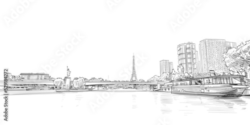 View of the bridge Le Pont de Bir-Hakeim and the Eiffel Tower. River Seine.  Paris, France. Urban sketch. Hand drawn vector illustration