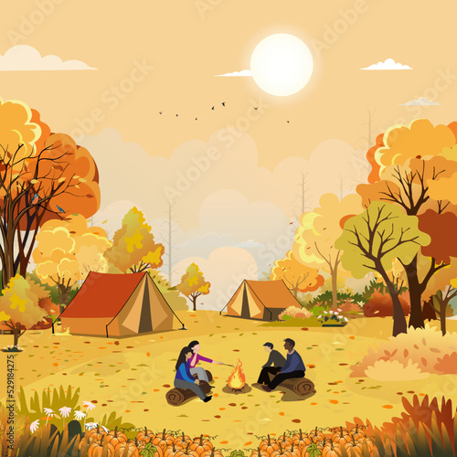 Family enjoying vacation camping at countryside in Autumn,Group of People sitting near the tent and campfire having fun talking together, Vector Rural landscape in fall forest tree with sunset sky
